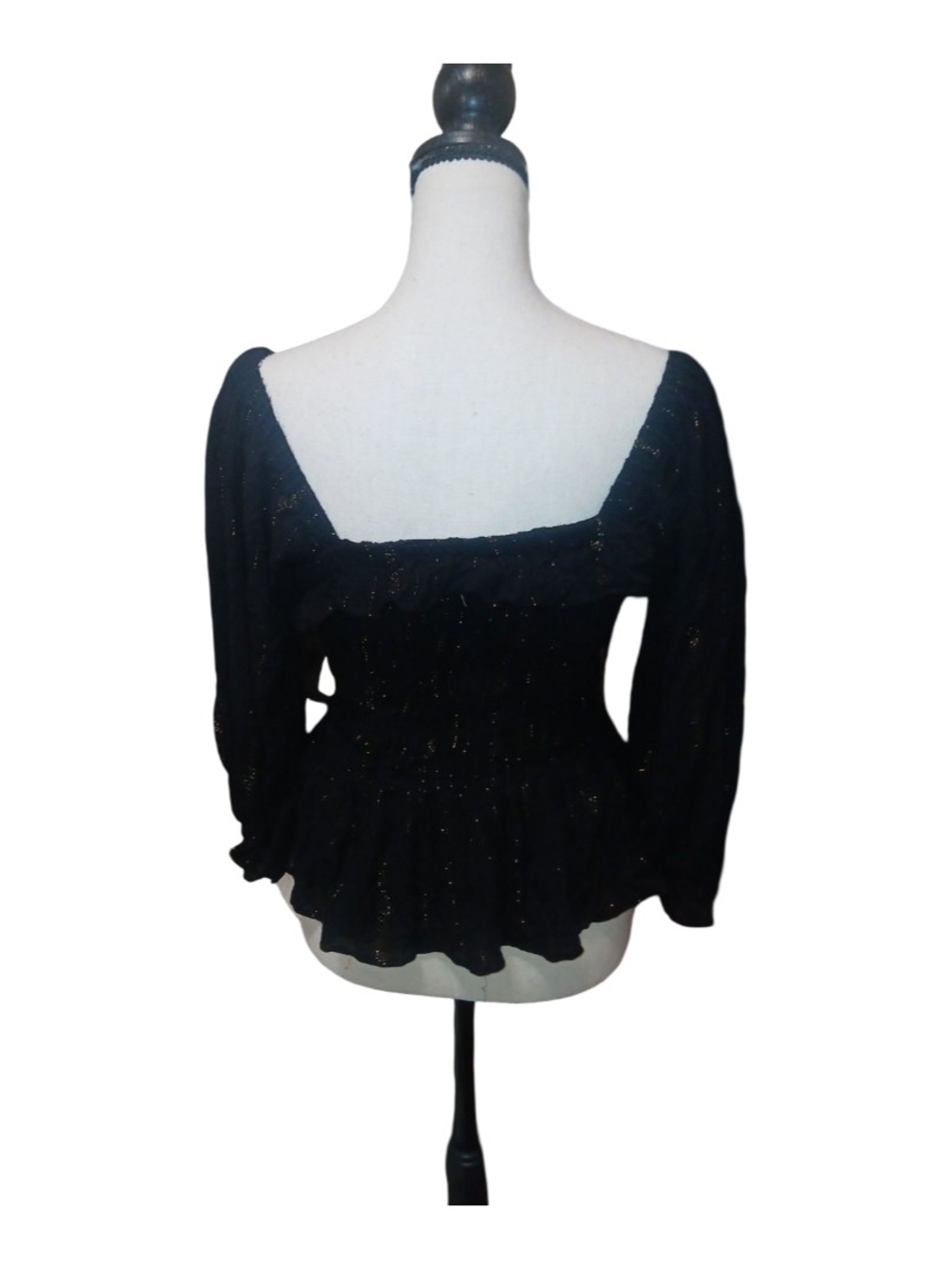 miami Black Square-Neck Peplum Blouse with  Gold Metallic Threads